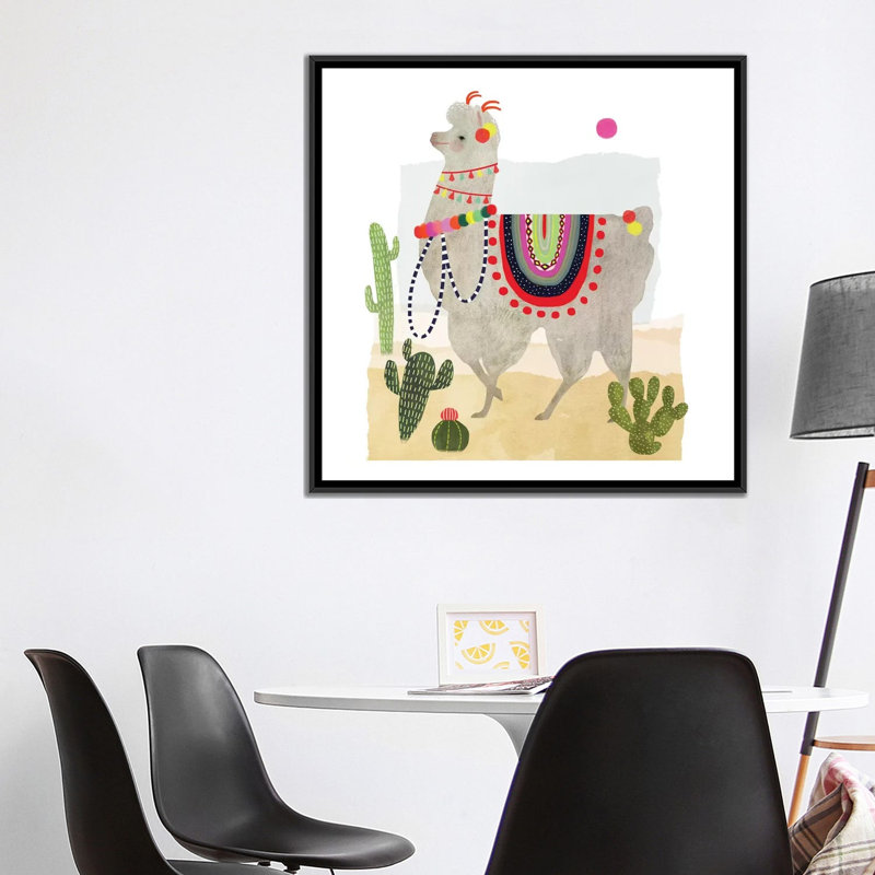 «Llamarama I», impression sur toile tendue, H 18 po x l 18 po x P 1,5 po, Toile avec cadre noir, Pas de tapis