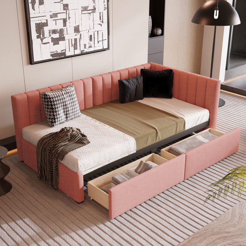 Upholstered Daybed With 2 Storage Drawers Twin Size Sofa Bed Frame No Box Spring Needed, Linen Fabric