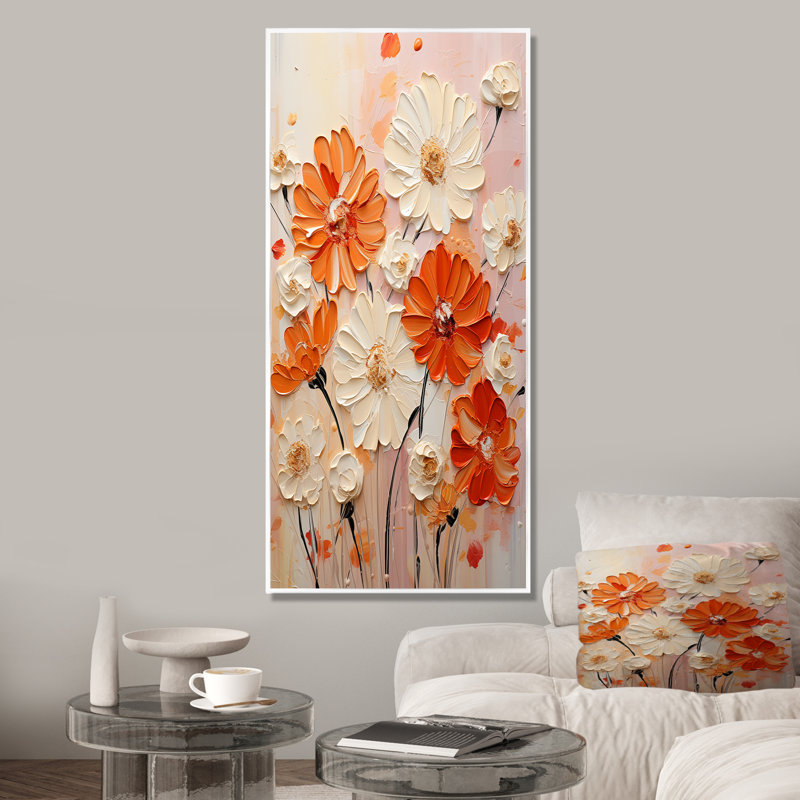 Art mural orange et beige Fiery Blooms 2 - souci, Cadre flottant blanc, H 32 po x l 24 po