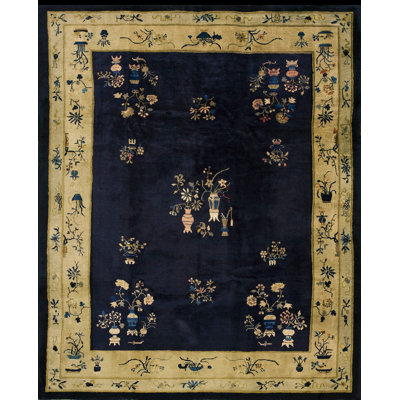 Tapis rectangulaire en laine noué à la main bleu ivoire beige crème antique des années 1920