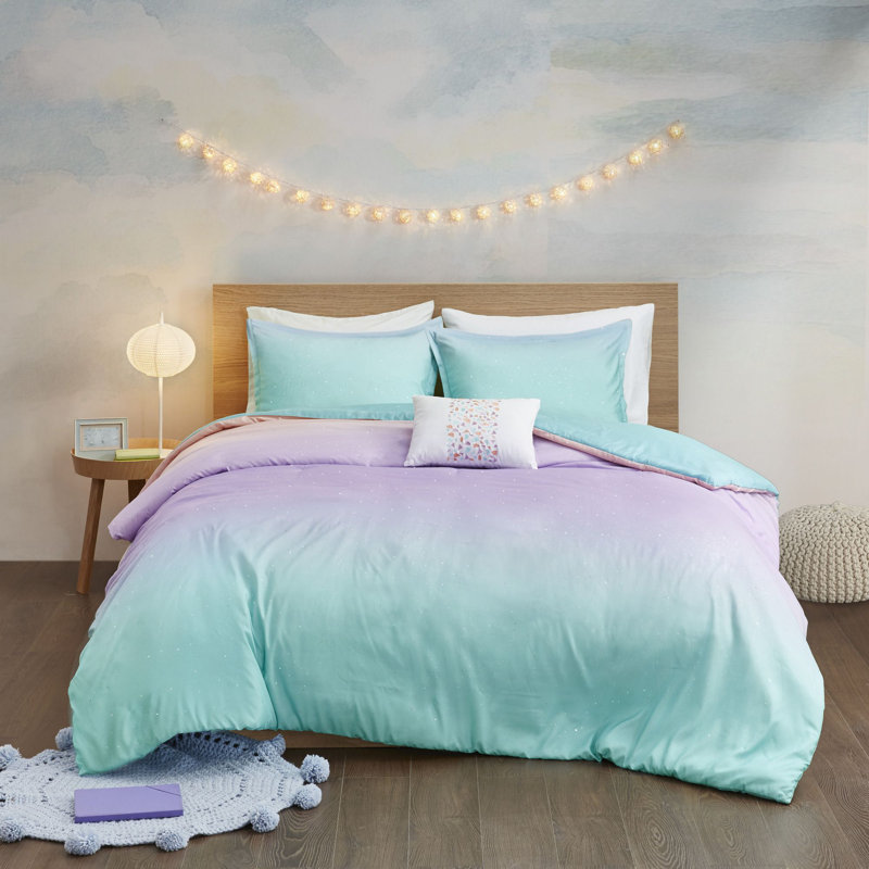 Full/Queen Aqua and Pastel Purple Ombre Glitter Duvet Cover Set