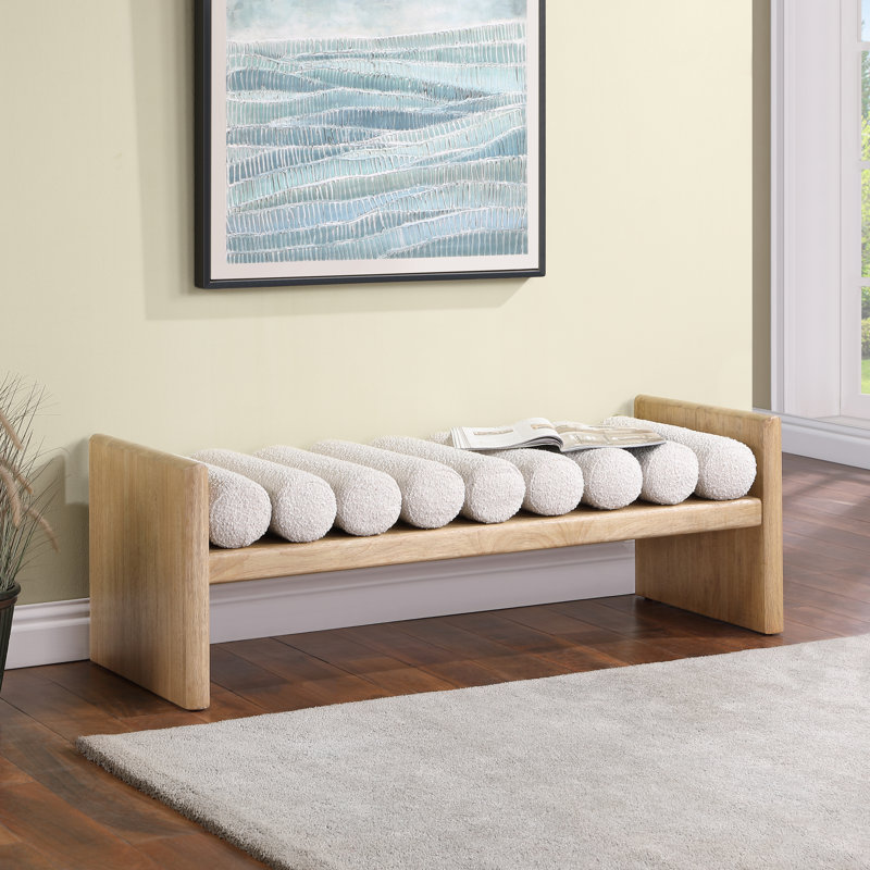 Waverly Boucle Wood Bench, Cream Boucle Fabric / Natural Finish, 18" H x 52" W x 19" D