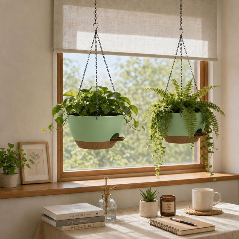 Ensemble de 2 jardinières suspendues en plastique de 30 cm (12 pouces), design bicolore avec bac à eau intégré, chaînes et crochets en fer pour balcon, terrasse et jardin. Plusieurs couleurs disponibles.