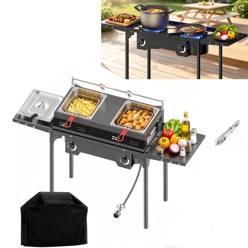2 Burner Outdoor Propane Camp Stove, 150,000 BTU Portable Gas Cooker with 4 Wheels for Backyard, Camping & Outdoor Cooking