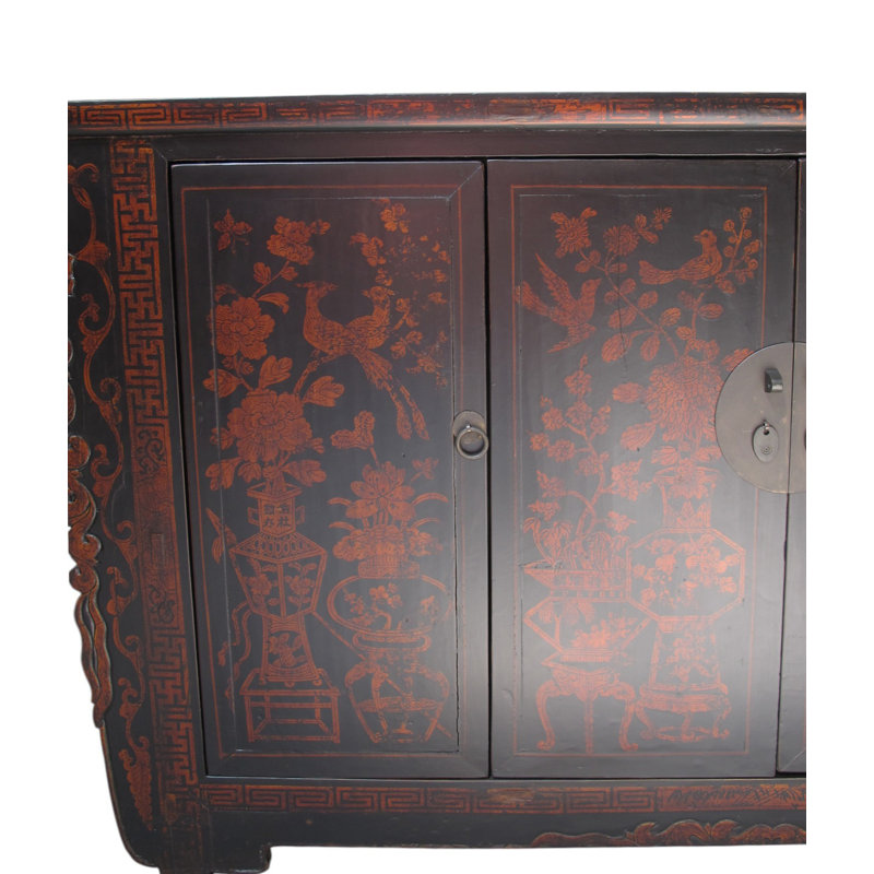 Vintage Chinese Four-Door Cabinet with Hand-Painted Floral and Bird Panels