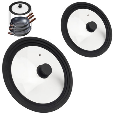 Lot de 2 couvercles universels en verre pour ustensiles de cuisine de 25 à 30 cm, couvercles en verre trempé avec rebord et bouton en silicone résistant à la chaleur, compatibles avec les casseroles, poêles et poêles à frire, noir