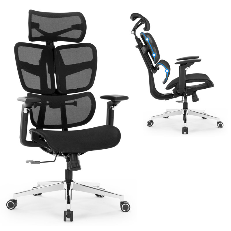 Grande et haute chaise de bureau ergonomique en filet avec support lombaire réglable et appui-tête
