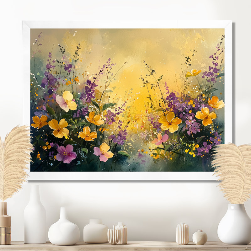 Ireneo Golden Wildflowers Greenish Horizons I - fleurs sauvages, art mural, H 34 po x l 44 po, Impression encadrée flottante