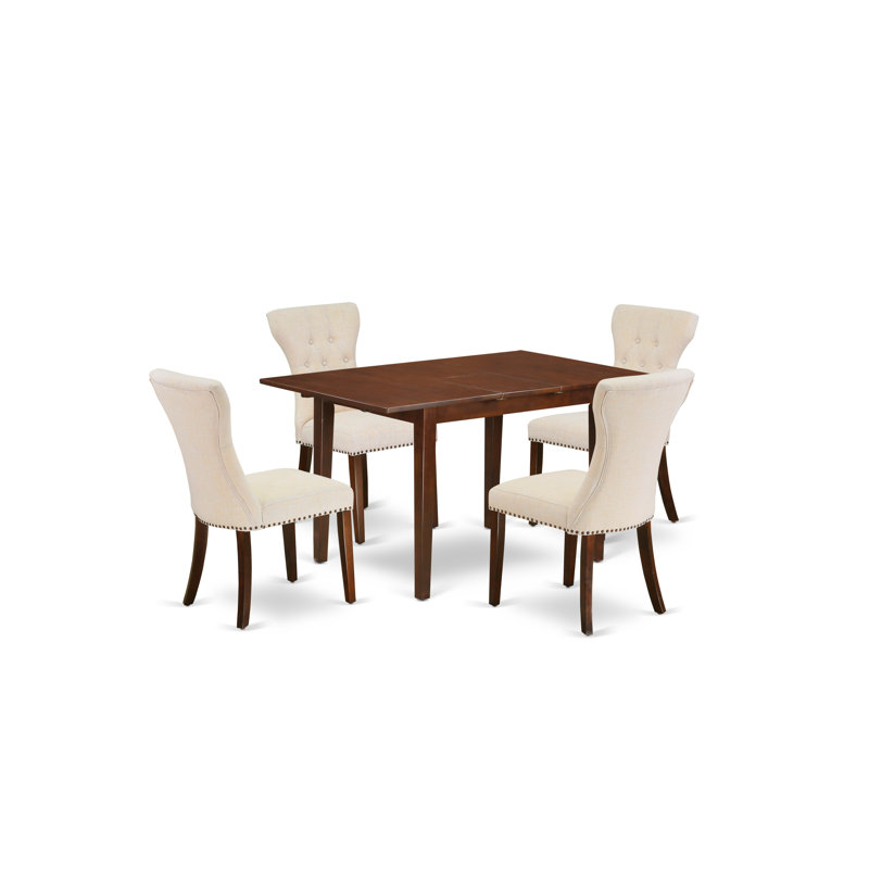 Ensemble de table de salle à manger 5 pièces comprenant une table de cuisine rectangulaire avec rallonge papillon et 4 chaises Parson en tissu de lin beige clair, acajou