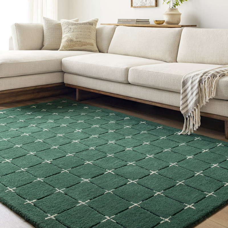 Moroccan Wool Hand Tufted Area Rug, Rectangle 152 x 229 cm, Dark Green/Light Beige