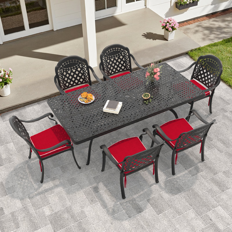 Ridgee 82.68'' L 41.34" W Rectangula Table Cast Aluminum Outdoor Dining Set with Umbrella Hole and Cushions, 6