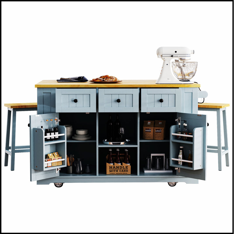Grand îlot de cuisine de 53 pouces avec tabourets de bar, prises de courant et beaucoup de rangement, parfait pour les cuisines modernes et les salles à manger