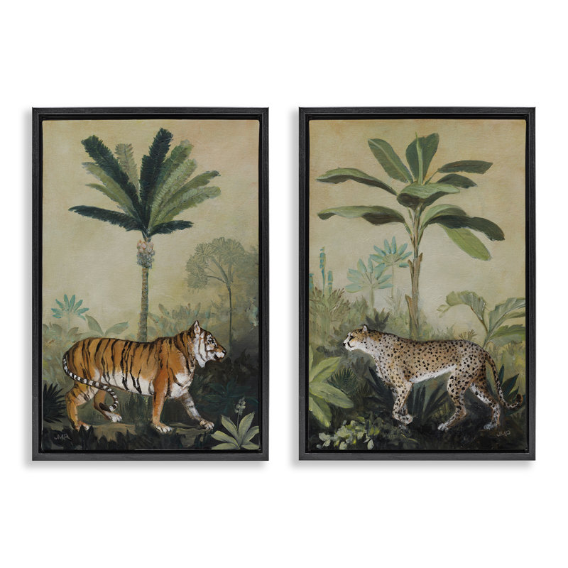 «Tiger Cheetah Jungle Forest», ensemble de 2 toiles flottantes encadrées par Julia Purinton, Cadre flottant noir de jais