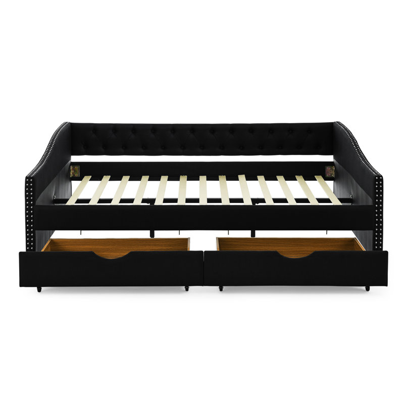  Daybed With Drawers Upholstered Tufted Sofa Bed, With Button On Back And Copper Nail On Waved Shape Arms, Queen, Black
