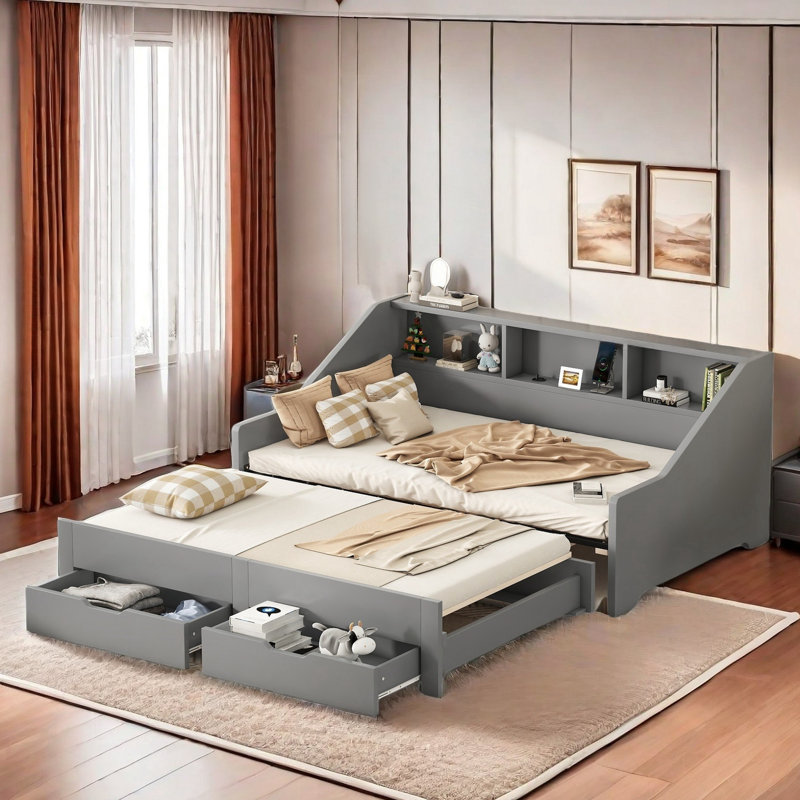 Wooden Daybed With Twin To King Design, Bookcases, Two Drawer And Usb Ports, Gray