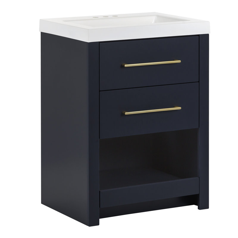 Meuble-lavabo simple de 24,5 po avec comptoir en marbre synthétique pour la salle de bain, Bleu foncé, Or