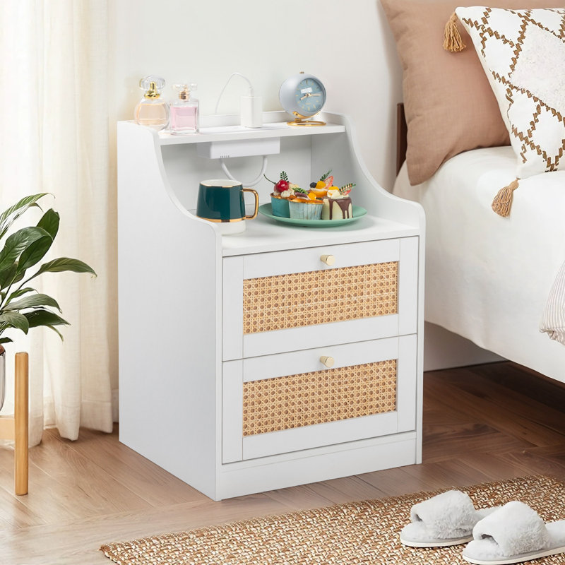 Table de chevet 2 tiroirs avec port USB, Blanc / Naturel