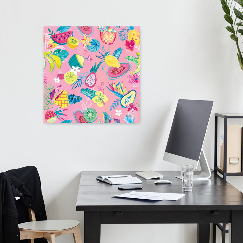 Motif de flamants roses fruitiers, art tropical de palmier à hibiscus abstrait, H 18 po x l 18 po