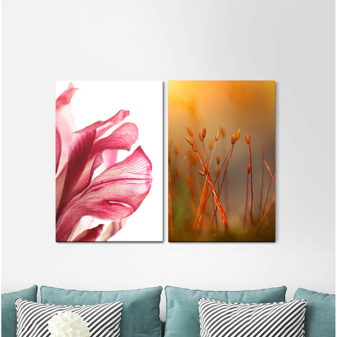 2-tlg. Leinwandbilder-Set - Grafikdruck „Blossoms Red Flowers Warm Light Buds Summer”