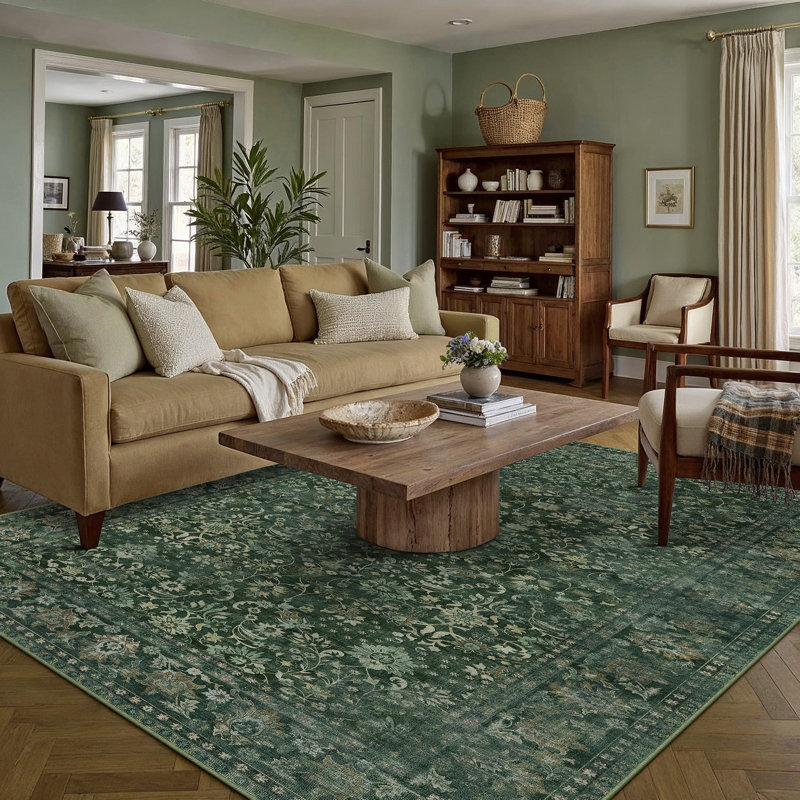Tapis oriental lavable à la machine avec envers antidérapant Kitty, Vert, Rectangle 9 pi x 12 pi