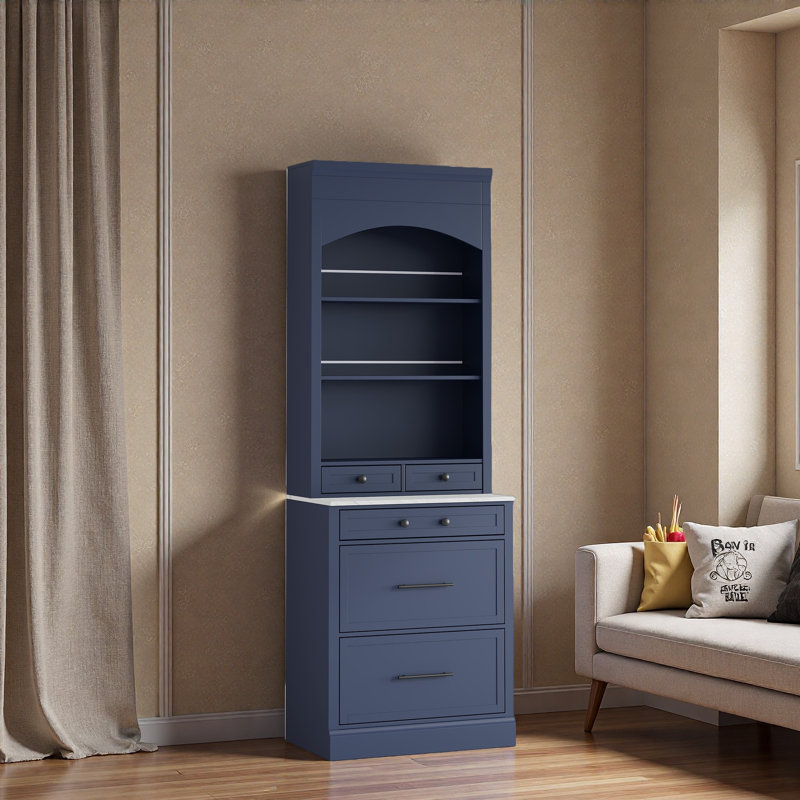 Garde-manger moderne avec plateau en faux marbre, 5 tiroirs et une tablette réglable, Bleu, Noir