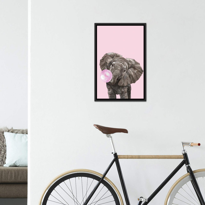 Art d’éléphant de gomme à bulles, Toile avec cadre noir patiné, H 26 po x l 18 po x P 1,5 po