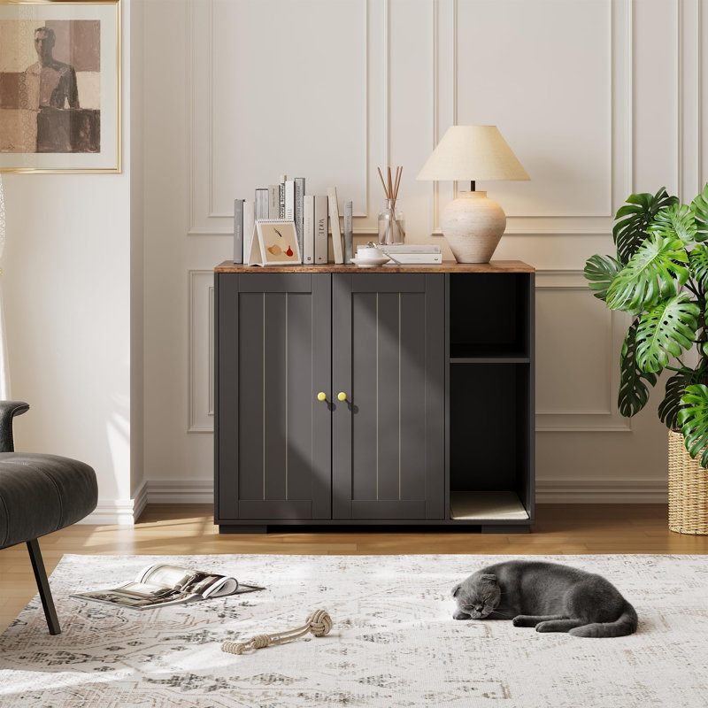 Meuble à litière pour chat avec prise de courant, armoire à litière cachée avec cloison de rangement et portes doubles, table d'appoint en bois pour salle de toilette pour chat
