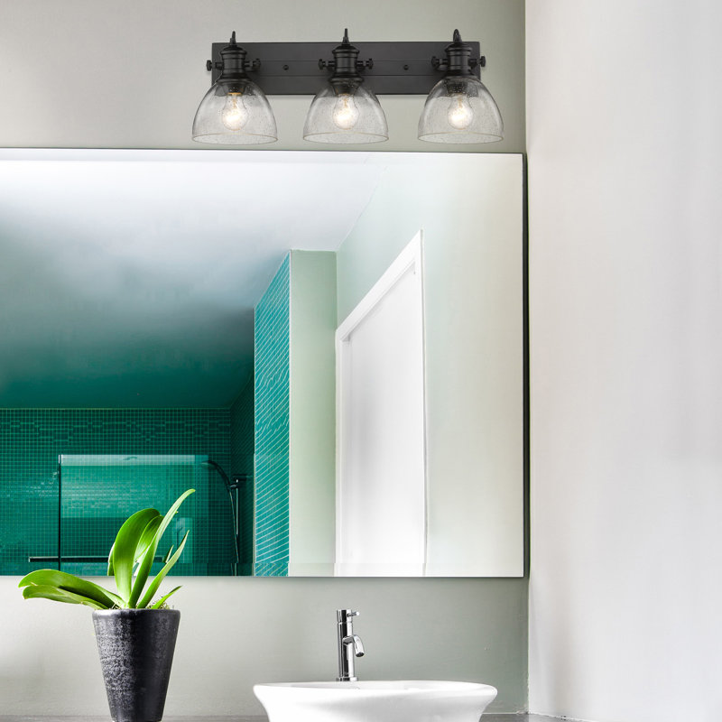 Matte Black Steel 3-Light Vanity Fixture with Seeded Glass Shades