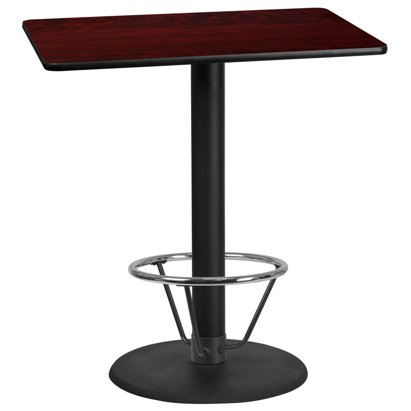 Basnight Rectangular Laminate Table Top with Round Bar Height Table Base and Foot Ring, 43.125" H x 30" W x 42" D, Mahogany