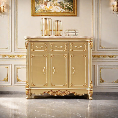 Champagne Gold Marble Storage Cabinet with Carved