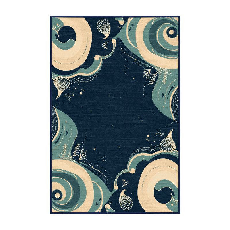 Soft Plush Grasmere Clam Chowder Coastal Solid Colour Area Rug in Blue – Navy Binding, 3x5