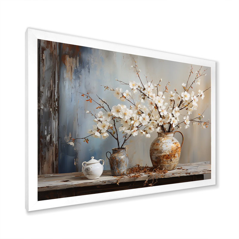 Art mural, poterie et fleurs, H 12 po x l 20 po x P 1 po, Cadre simple blanc