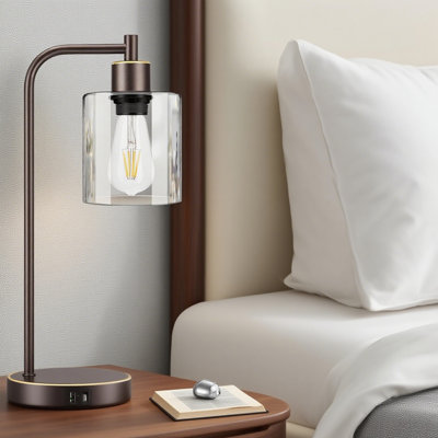 Industrial Touch Table Lamps Set Of 2 With USB Ports & AC Outlet, 3-Way Dimmable Bedside Desk Lamp For Bedroom Living Room, Glass Shade And LED Bulbs Included