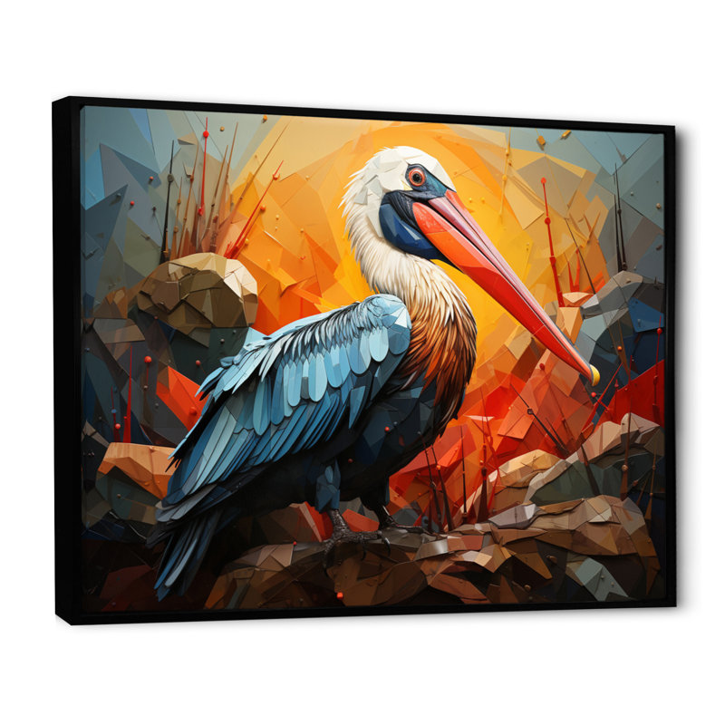 Orange Pelican Coastal Geometric II - Animals Canvas Wall Art, H 34 po x l 44 po x P 1,5 po, Cadre flottant noir