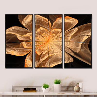 Ensemble de 3 fleurs murales symétriques orange clair sur toile encadrée florale