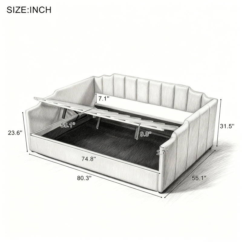 Lit de jour rembourré avec rangement inférieur, Beige