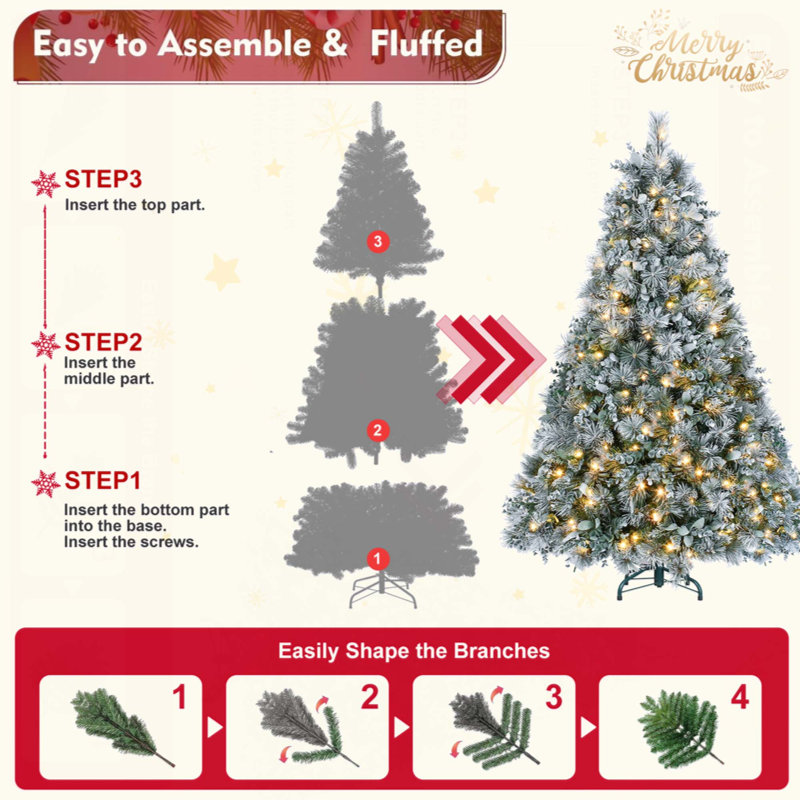 Arbre de Noël en flocons pré-éclairé avec aiguilles de pin et feuilles d'eucalyptus, 150 lumières DEL blanc chaud, 404 pointes, branches articulées, support en métal - arbre artificiel enneigé pour la décoration des Fêtes