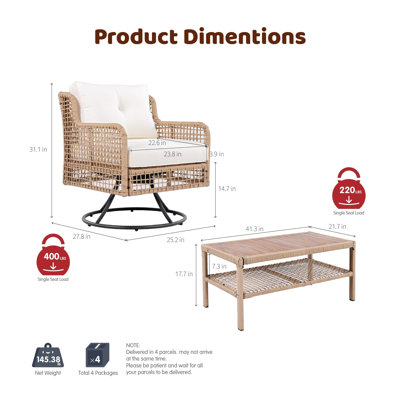 Ensemble de conversation extérieur en résine tressée 4 pièces avec des chaises pivotantes