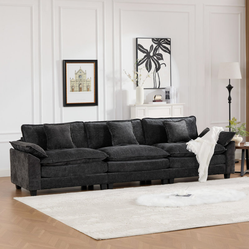 Grid Modular Oversized Deep-Seat Cloud Sofa, Modern Double-Layer Cushion Cloud Couch, Black, 33'' H × 117'' W × 30'' D