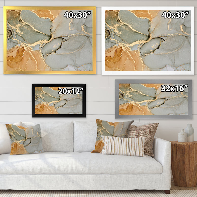 «Brown Luxury Abstract Fluid Art VI», peinture sur toile, H 30 po x l 40 po x P 1,5 po, Encadrement doré