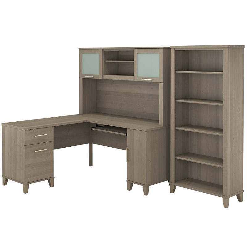 Ensemble de bureau d'ordinateur en L 3 pièces avec rehausse Magomed, Gris cendré