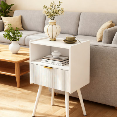 25.5 H Modern End Table, White Nightstand With Storage Drawer And Open Wood Shelf by George Oliver