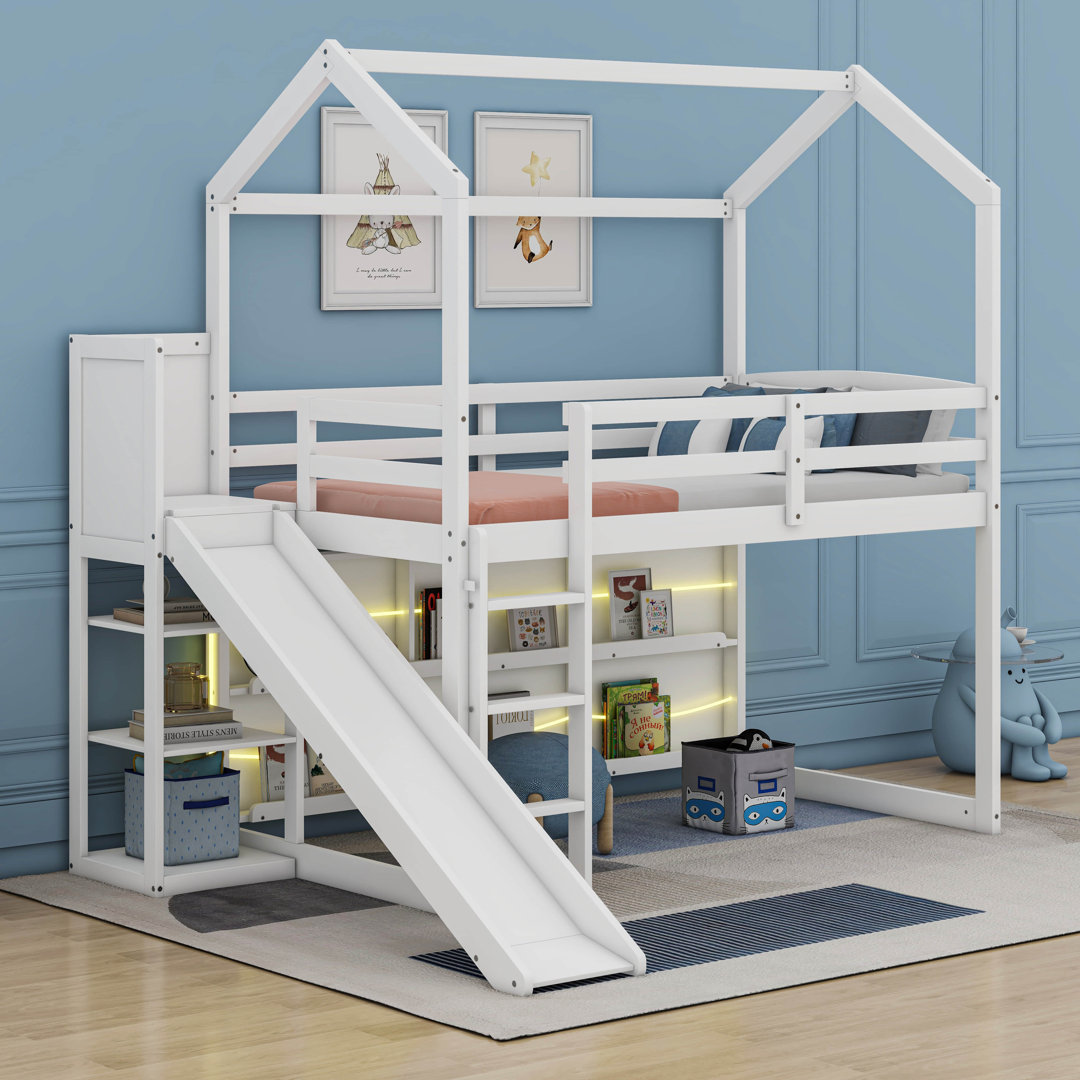 Twin Size Wood House Loft bed with Slide, Storage shelves and Light Cosmic 