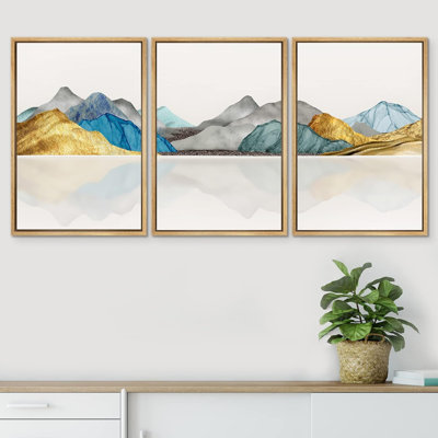 Abstract Mountain " Vibrant Gold Teal Mountain Range Landscape Illustration Modern Art Decor Nordic Calm Zen " 3 Piece Art Print
