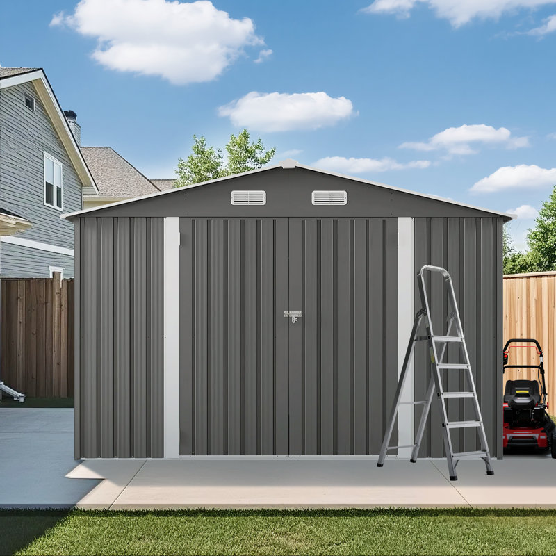10x12ft Outdoor Metal Storage Shed with Window -Garden Shed (Floor Not Included), Gray