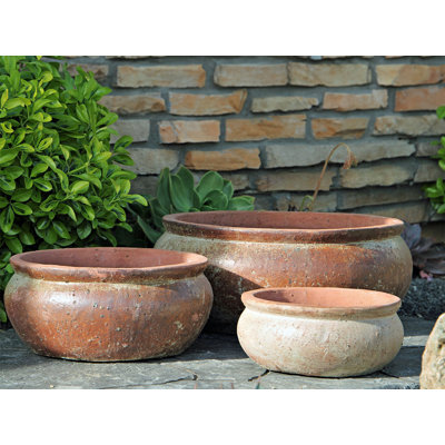 Pots de fleurs bas Parco en terre cuite à bord arrondi, lot de 3 - Intérieur/Extérieur