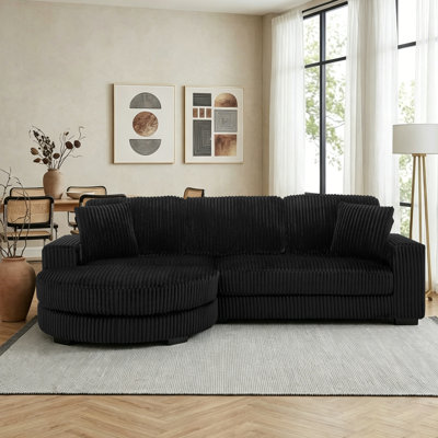 Plush Black Corduroy L-Shape with Movable Ottoman, Modular Sofa with High-Resilience Foam