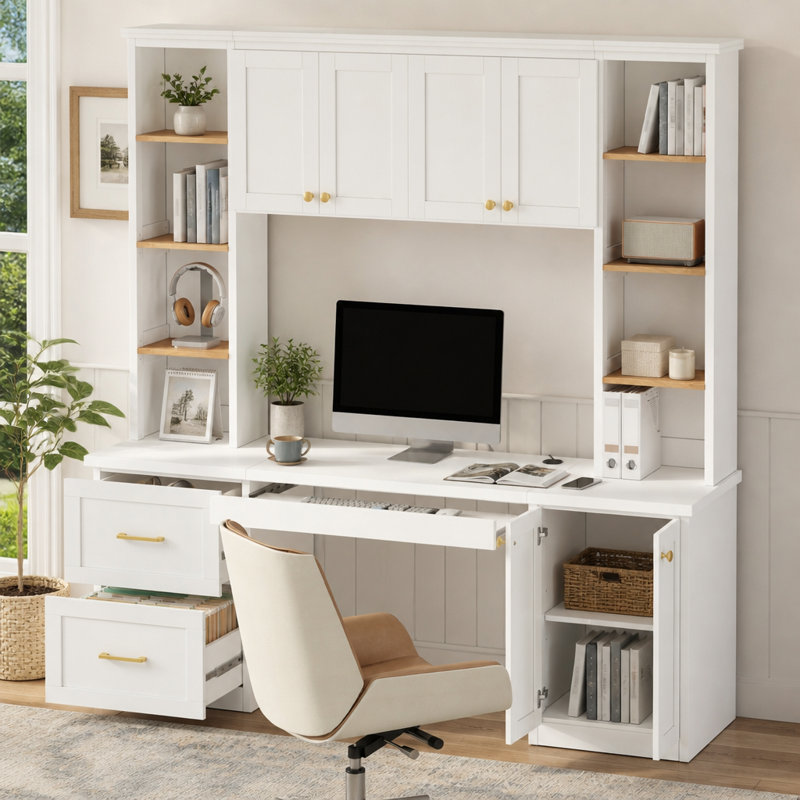 Bureau d'ordinateur Farmhouse avec huche, plateau à clavier, tiroir classeur et tablettes réglables, Blanc