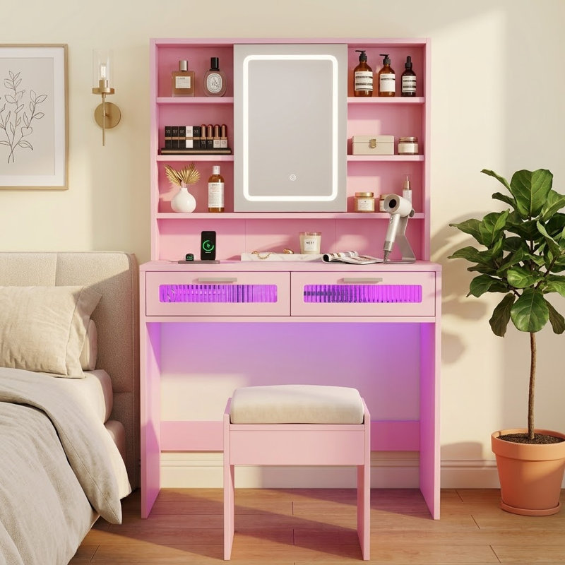 Meuble-lavabo 35,5 "avec lumières et miroir, petite station de maquillage avec tiroirs en acrylique, Rose