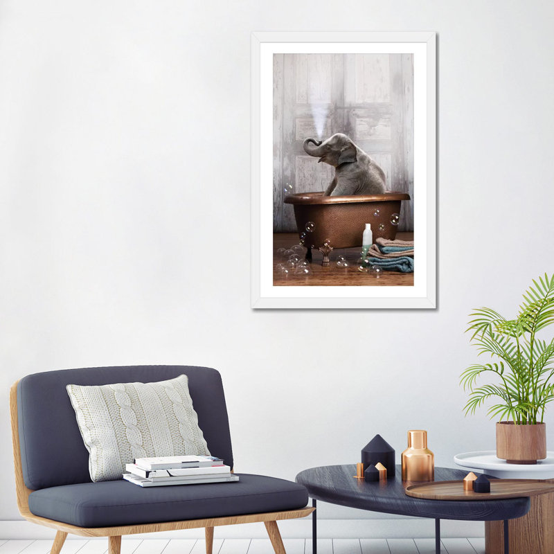 Éléphant dans la baignoire - impression d'art graphique, Papier avec cadre unique blanc, Blanc, H 32 po x l 24 po x P 1 po